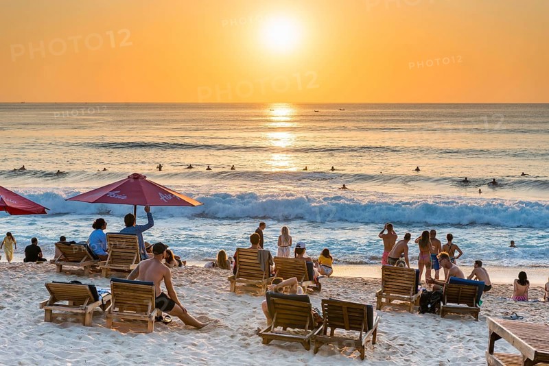Surfers and bathers, beach, holiday, sunset, travel, beach holiday, tourism, evening sun, evening mood, relaxed, relax, sunshade, sunshine, beautiful, weather, evening sky, sea, Pacific Ocean, beach holiday, long-distance trip, sun, afternoon, tourist, sandy beach, dream holiday, holiday cliché, holiday, summer holiday, holiday time, water, landscape, beach scenery, beach scene, destination, Dream beach, Uluwutu, Bali, Indonesia, Asia