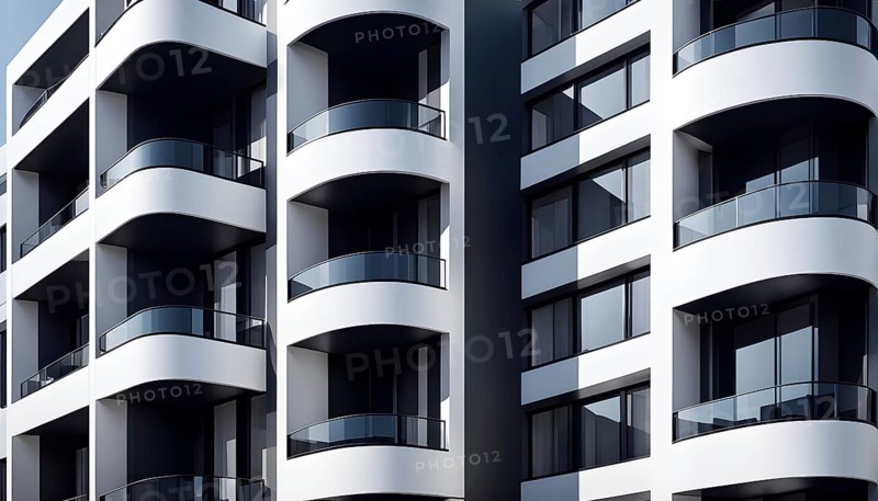 Rendering of a modern real estate apartment building in clean geometric forms in black and white, AI generated