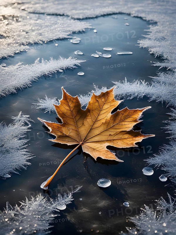 Delicate leaf resting on the surface of a frozen puddle, with intricate ice crystals forming beneath it, captured in soft, natural light, AI generated