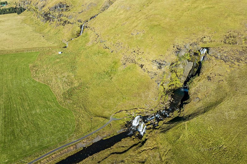 Aerial view of waterfall Gluggafoss (Merkjárfoss), Fljotsdalur valley, southern coast near Hvolsvollur, Iceland, Europe