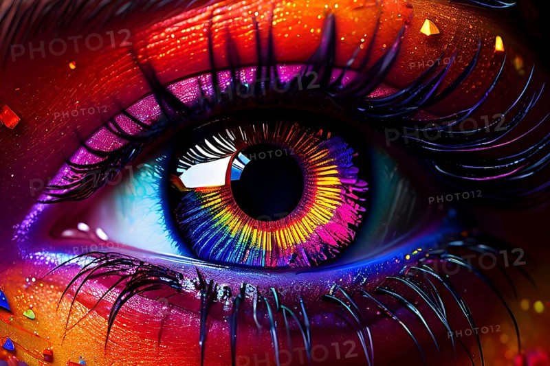 Close up portrait of an intricate eye makeup with vividly colored eyelids, AI generated