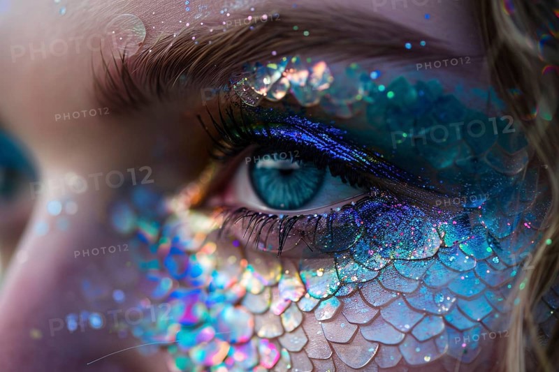 Close up of woman's beautiful mermaid Halloween costume eye makeup. Generative AI, AI generated