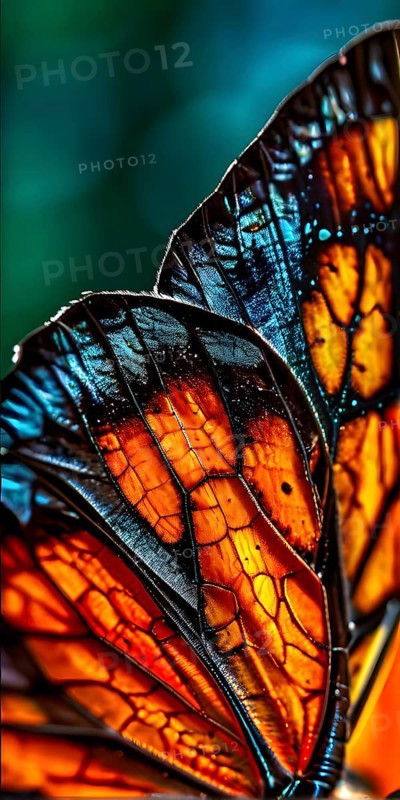 Vibrant butterfly wing with iridescent scales and network of veins, AI generated