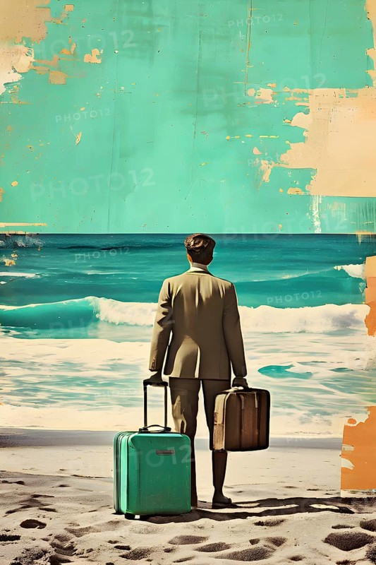 Vintage collage of a tourist with suitcase on a beach symbolizing vacation, AI generated