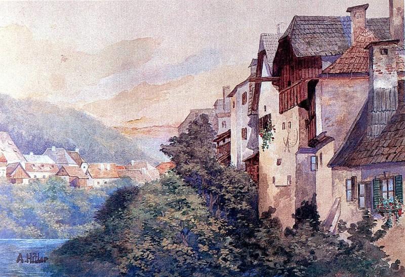 Ortschaft am Steilhang, Painting by Adolf Hitler (1889-1845), Historical, digitally restored reproduction from a 20th century original, public domain, Record date not stated