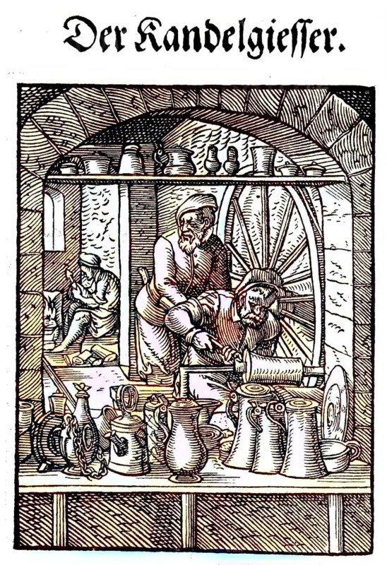 Tinsmith, sometimes also called tinsmith, tinsmith, tinsmith, tin worker, Der Kandelgiesser, Kannengiesser, woodcut from the, Das Staendebuch, a famous series of woodcuts of the craft of Amman, 1568, Germany, craft, work, craftsman, digital reproduction of an original from the 19th century, original date unknown, Europe