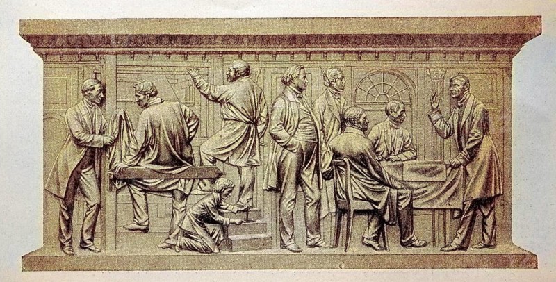In a weaving mill, a relief by Friedrich Drake on the monument to Beuths zu Kiss in Berlin, Germany, digital reproduction of an original from the 19th century, original date unknown, Europe