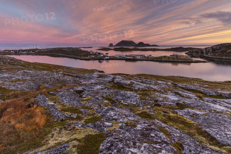 Coastal landscape with village, dawn, sea, autumn, Gjesvaer, Mageroya, Finnmark, Norway, Europe