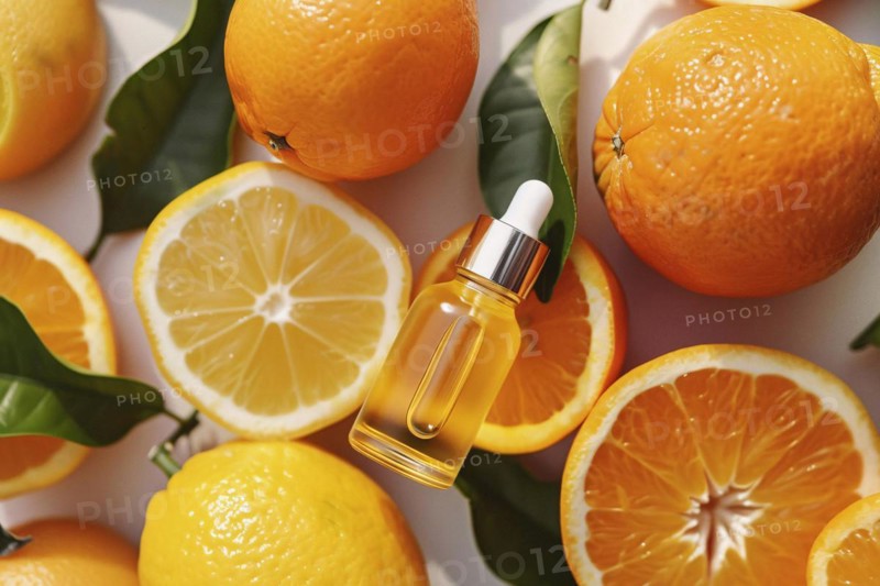 Top view of vitamin C skin care serum surrounded by orange fruits. KI generiert, generiert, AI generated