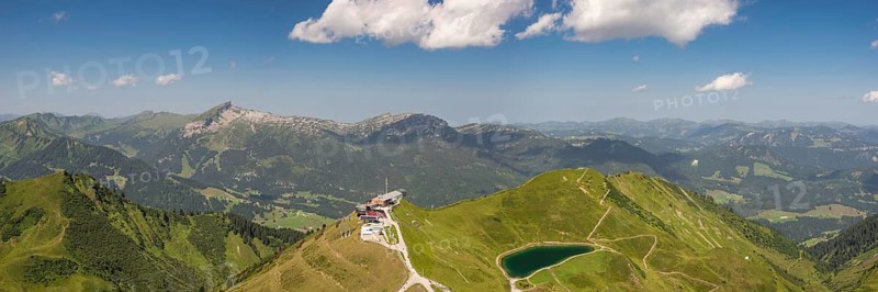 Panorama from the Kanzelwand, 2058m to the Hoher Ifen, 2230m, mountain station of the Kanzelwand cable car and Riezler Alpsee, Vorarlberg, Allgäu Alps, Austria, Europe