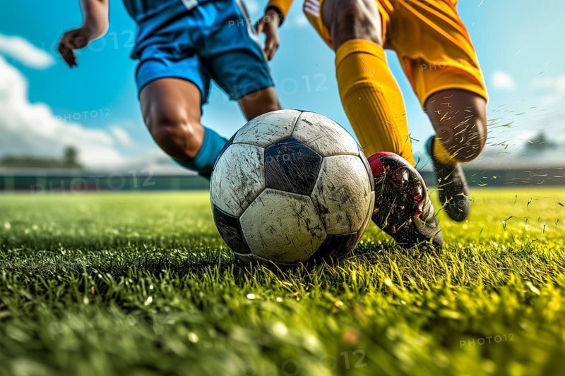 Two soccer players struggle dribble and kick a ball on a football stadium field, AI generated