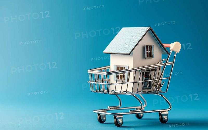 Real estate shopping concept, a house is a shopping cart on blue background, AI generated