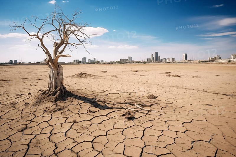 Drought climate change ecology solitude concept, dry dead tree in desert with a dry, cracked ground with city skyscrapers in background, AI generated