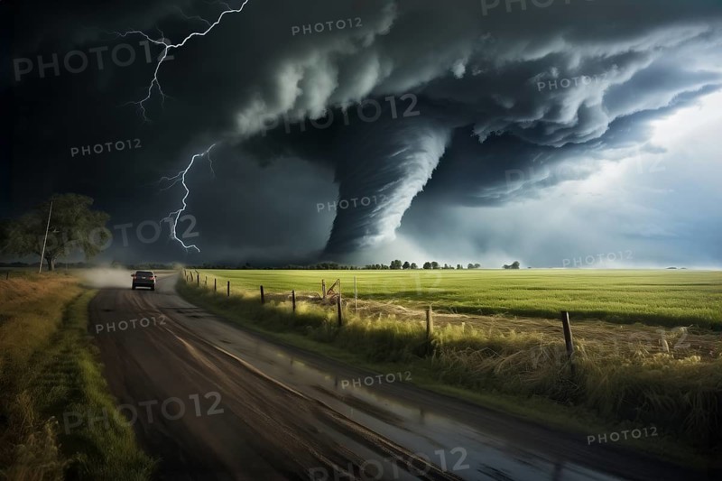 Disaster catastrophe storm concept, tornado in a field in the USA with car on road driving towards the storm in field under stormy dark sky, AI generated