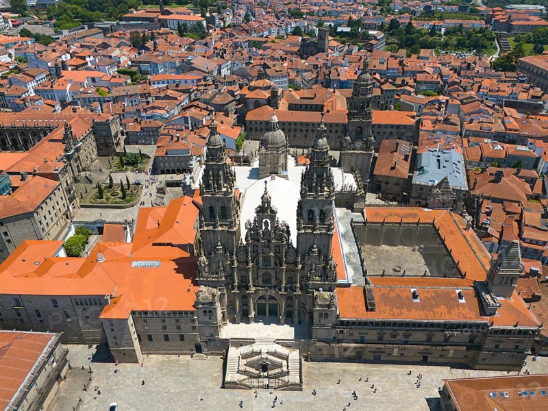 The aerial view captures the cathedral and the red roofs of a historic city, surrounded by stone buildings, Cathedral, Santiago de Compostela, autonomous community of Galicia, place of pilgrimage, destination of the Way of St James, Spain, Europe