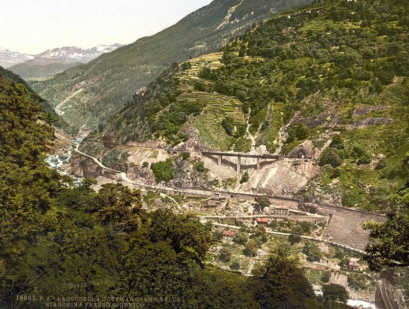 Biaschina, loops in the road, St. Gotthard Railway, Switzerland, Historical, digitally restored reproduction from a 19th century original, Record date not stated, Europe