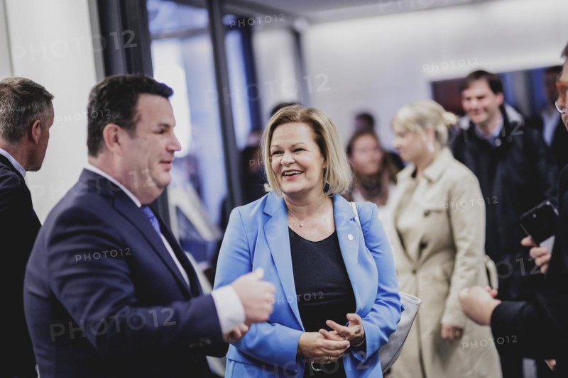 (R-L) Nancy Faeser (SPD), Federal Minister of the Interior and Home Affairs, and Hubertus Heil (SPD), Federal Minister of Labour and Social Affairs, pictured in front of the parliamentary group meeting in Berlin, 23.04.2024