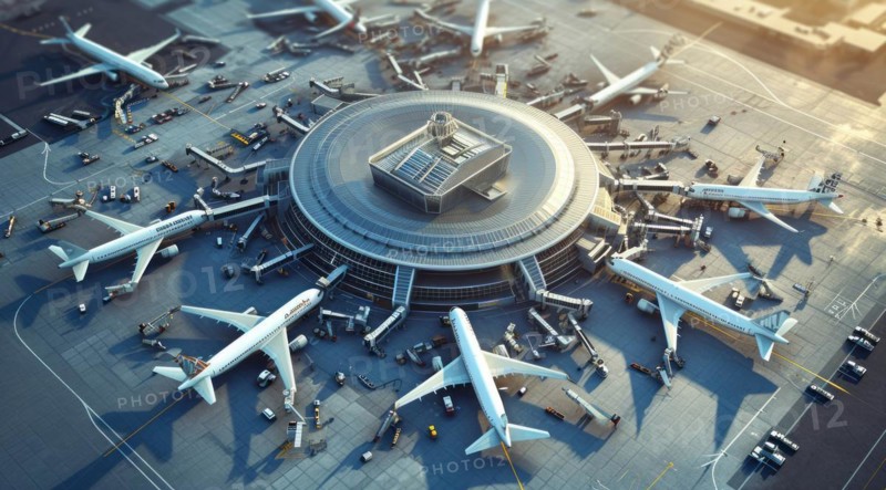 Aerial view international airport terminal, planes departing to multiple international locations, AI generated