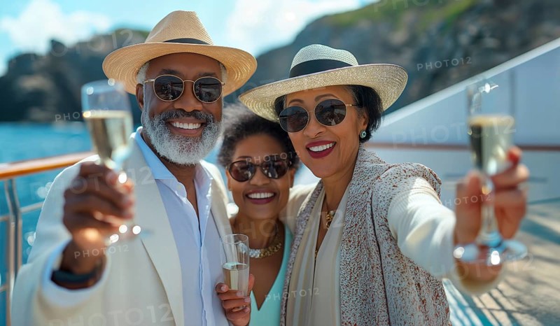 African american friends enjoying cocktails on the deck of a luxury cruise ship. generative AI, AI generated