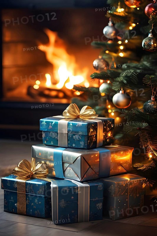 Beautiful wrapped Christmas gifts with shiny ribbons and bows stacked under a evergreen tree in a cozy living room, AI generated