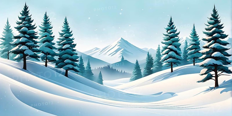 Abstract winter wonderland with minimalist stylized pine trees and snowdrifts using soft pastel colors and gentle curves, AI generated