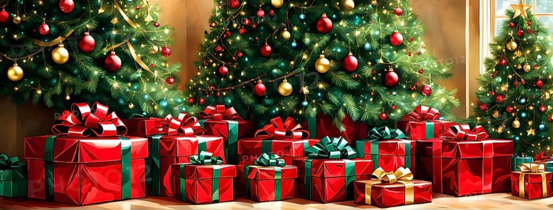 Abstract illustration of wrapped Christmas gifts, shiny ribbons and bows, stacked under a evergreen tree in a cozy living room, AI generated