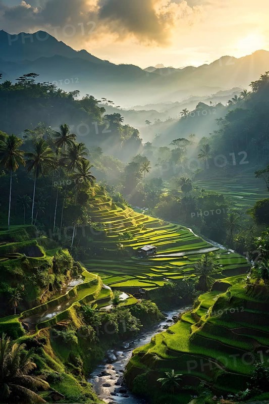Early morning light bathes Philippines rice terraces cascading down mountain slopes, AI generated