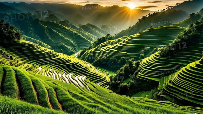 Early morning light bathes Philippines rice terraces cascading down mountain slopes, AI generated