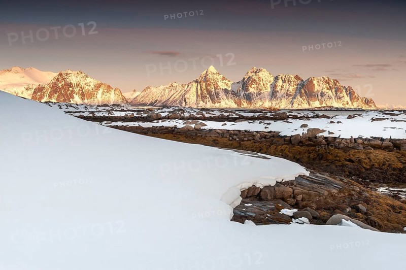 Winter landscape, Rugged mountains, Lofoten island Vestvågøya at the fjord Gimsøystraumen, Lofoten, Northern Norway, Norway, Europe