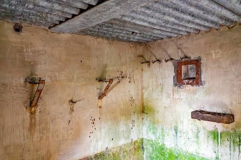 Bunker from inside, Bunker Cheneux, bright, corrugated metal ceiling, 2nd World War, built 1933-1936, Ardennes Offensive, walls dirty, green and weathered, rusted metal, Cheneux, Ardennes, Belgium, Europe