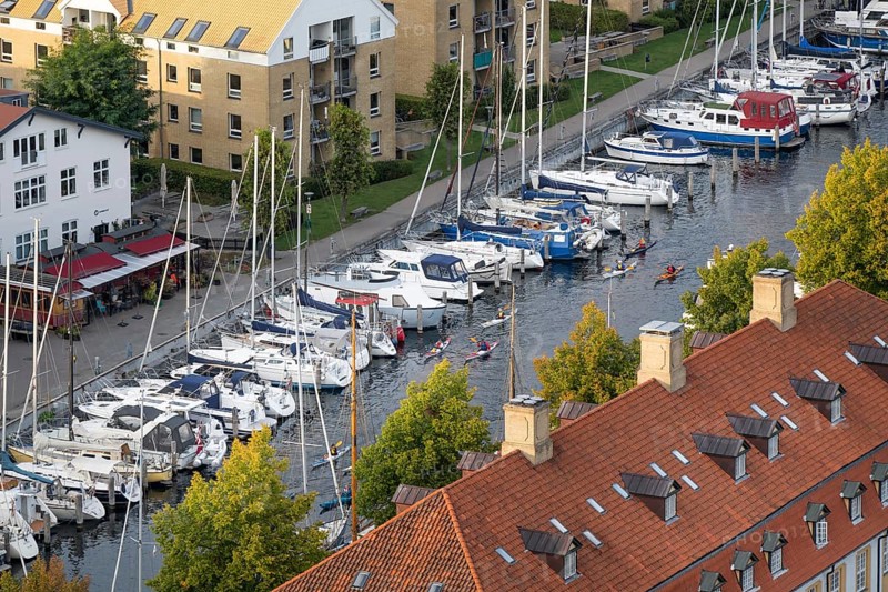 View from the Vor Frelsers Kirke to moored sailing boats, Christianshavn Canal, Christianshavn district, Copenhagen, Denmark, Europe