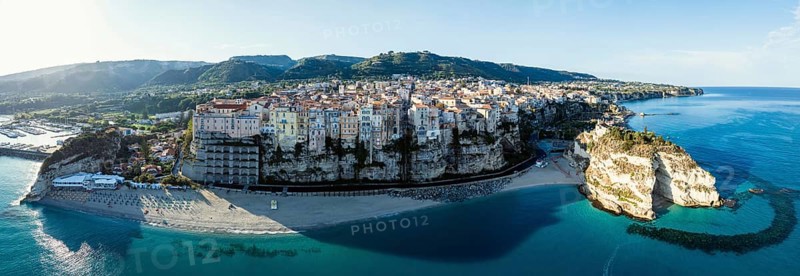 Panorama of Tropea from a drone, Tyrrhenian Sea, Calabria, Italy, Europe