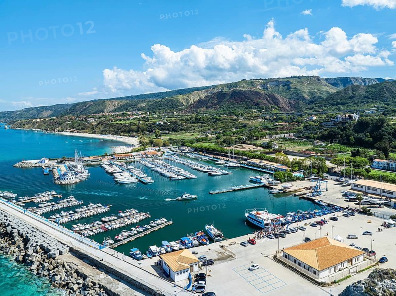 Port and Marina in Tropea from a drone, Tyrrhenian Sea, Calabria, Italy, Europe