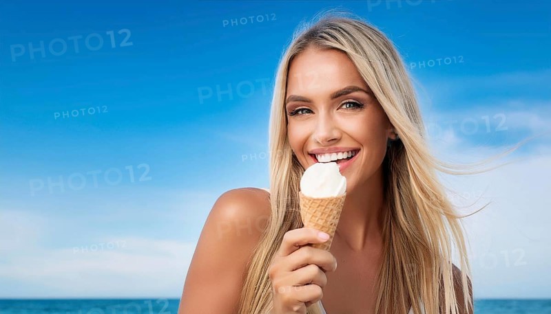A blonde woman enjoys eating an ice cream cone, AI generated