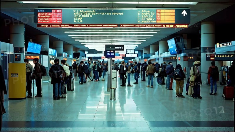 Airport gate with a crowd of waiting passengers, AI generated