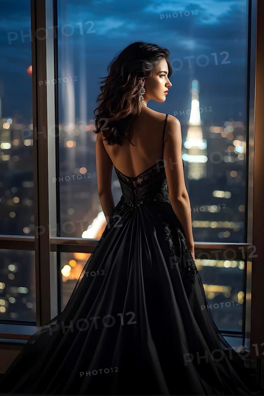 Young woman in an evening dress standing by a large window gazes out at city lights, AI generated