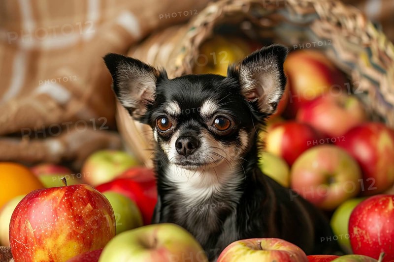 Small chihuahua dog between apples. Generative AI, AI generated