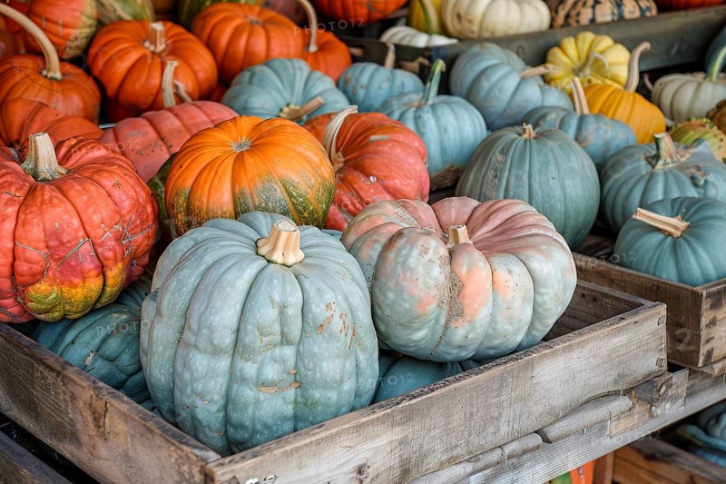 Many colorful muscade pumpkins at market. Generative Ai, AI generated