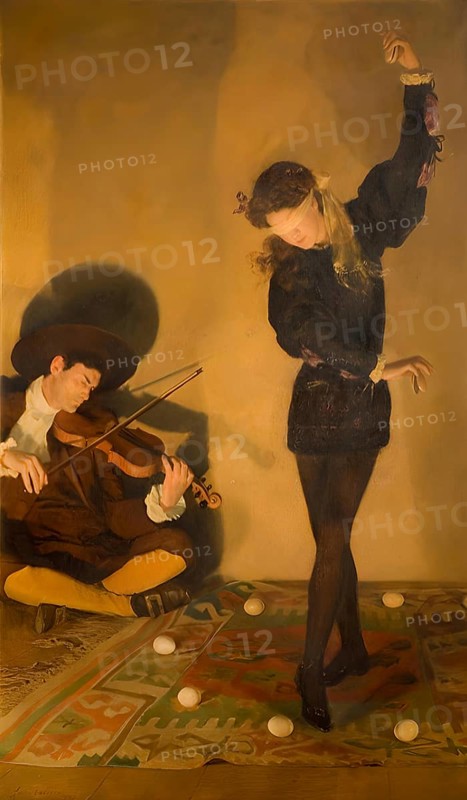 A dancer dances to the sounds of a violinist between eggs in a warmly lit, retro atmosphere. Egg dance, Painting by John Maler Collier (28 January 1850, 11 April 1934), British writer and painter, Historic, digitally restored reproduction from a 19th century original, Record date not stated