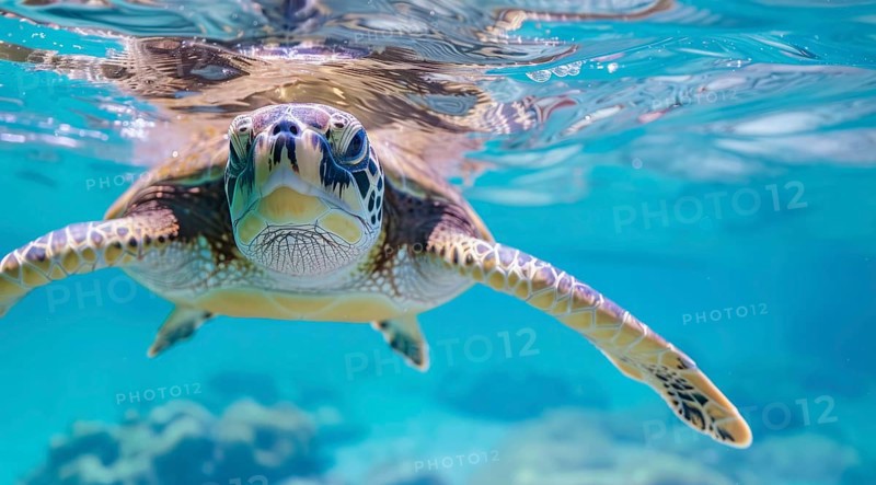 A turtle is swimming underwater in the ocean. The water is clear and turquoise, AI generated