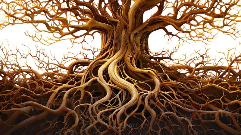 Abstract illustration depicting the branching patterns of tree roots representing natural optimization in structural engineering, AI generated