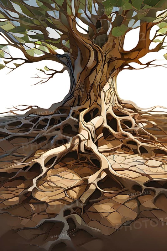 Abstract illustration depicting the branching patterns of tree roots representing natural optimization in structural engineering, AI generated
