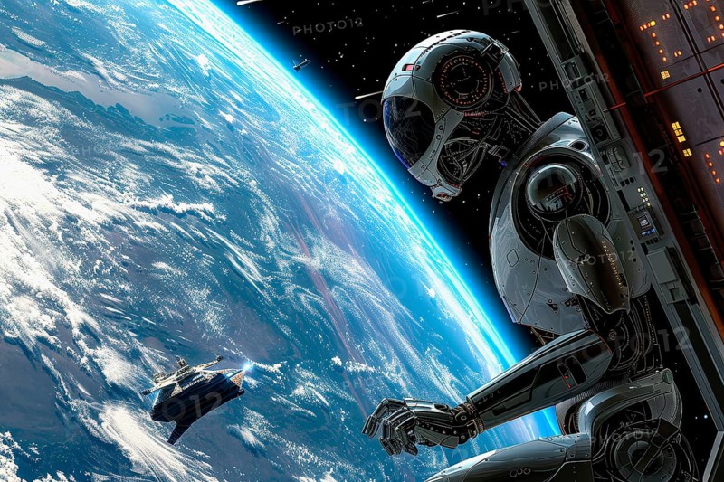 Futuristic humanoid robot working outside a spaceship, AI generated