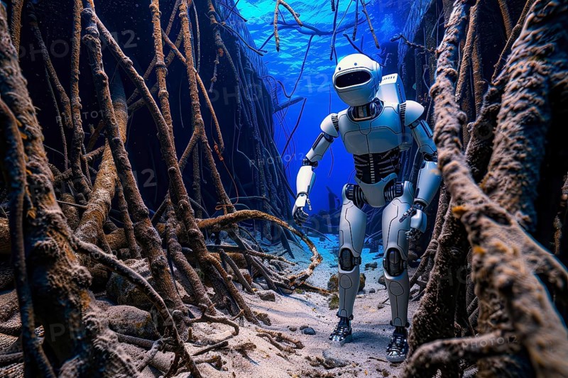 Futuristic humanoid robot inspecting a shipwreck underwater, AI generated