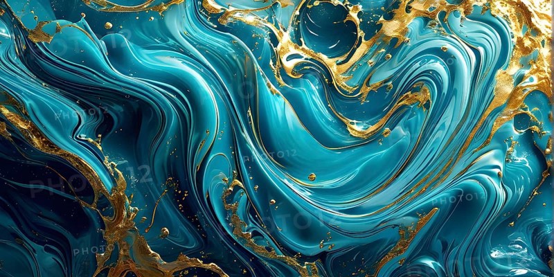 Digital art illustration of a liquid whirlpool swirling with cyan and golden tones, AI generated