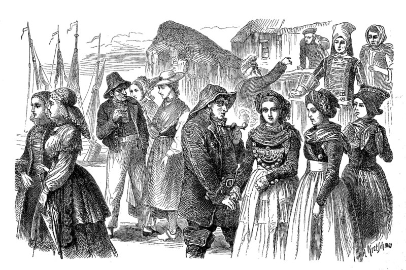 Folk costumes from Friesland, West Frisians, East Frisians, North Frisians (from left), Germany, in 1880, Historical, digital reproduction of an original 19th century model, Europe