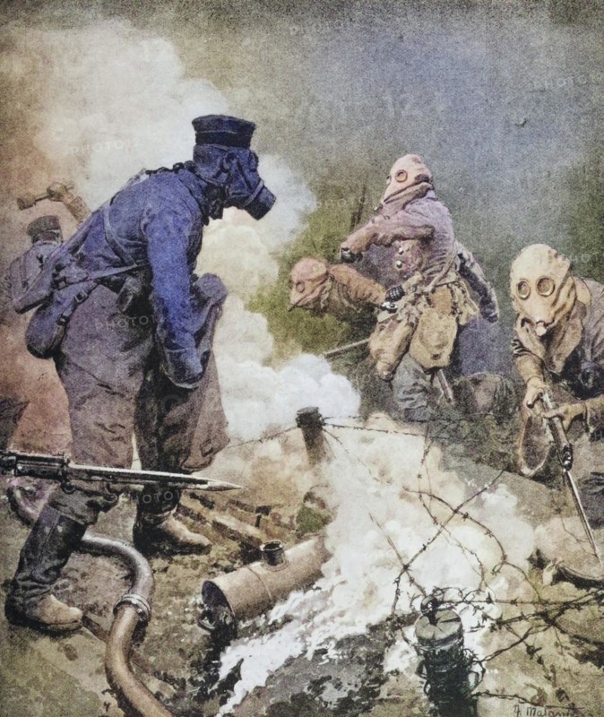 Through clouds of poison gas: British troops raid the German lines, Historical, digitally restored reproduction from a 19th century original, Record date not stated