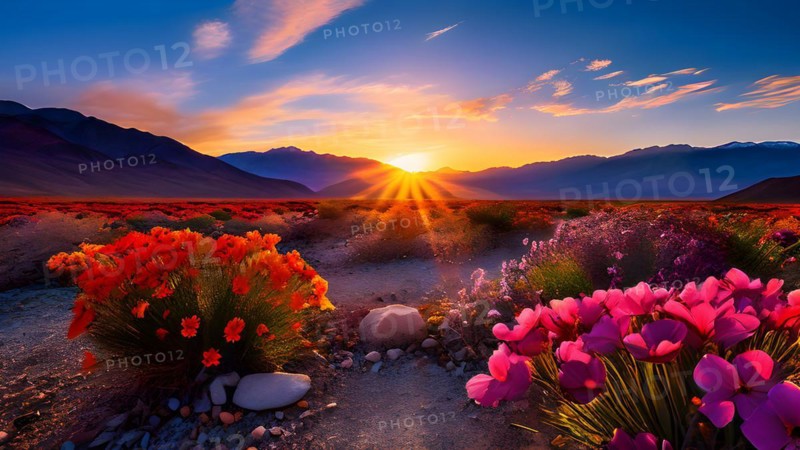 Rare super bloom of wildflowers transforming the floor of death valley, AI generated