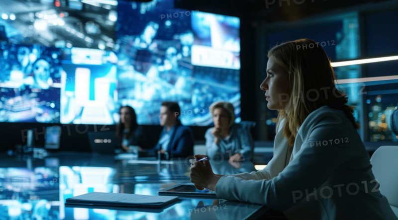 Surveillance hi-tech room tracks intelligence information, people and face recognition, AI generated