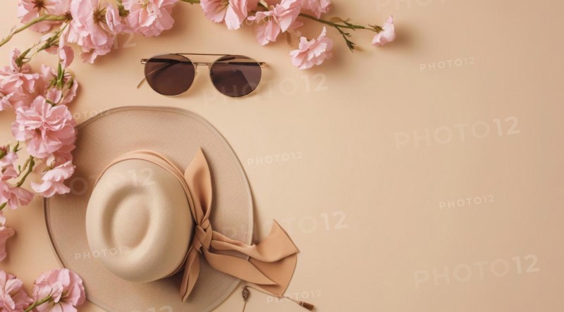 Stylish fashion vacation accessories in flat lay for vacation on beach in warm countries, AI generated